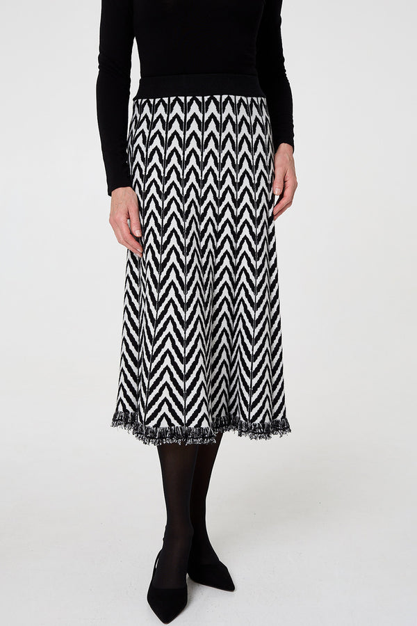 MULTI BLACK| Chevron Print High Waist Knit Midi Skirt