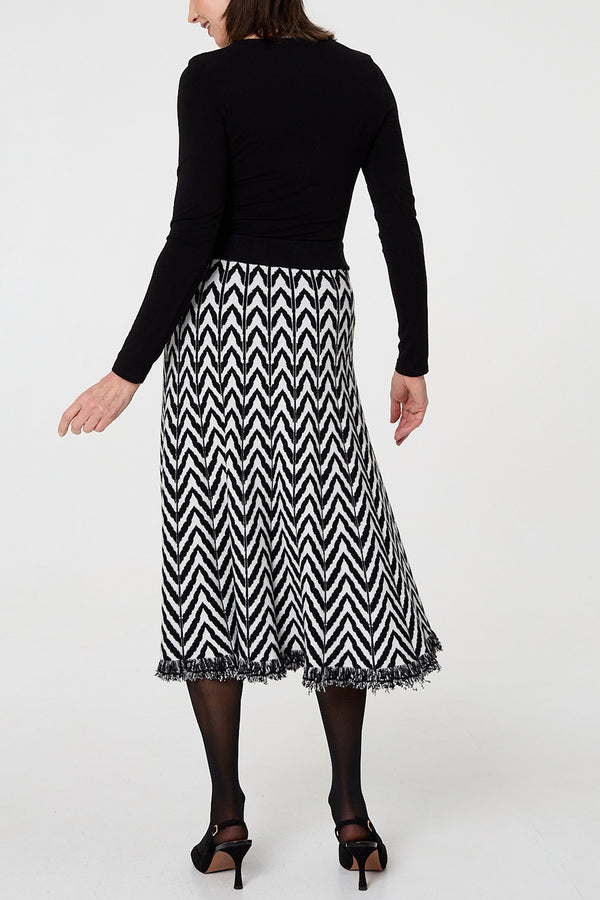 MULTI BLACK| Chevron Print High Waist Knit Midi Skirt