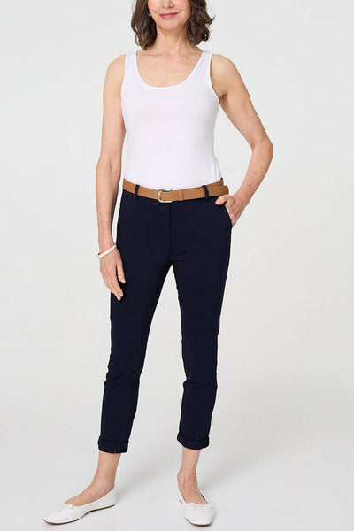 Removable Belt Slim Cropped Trousers| NAVY