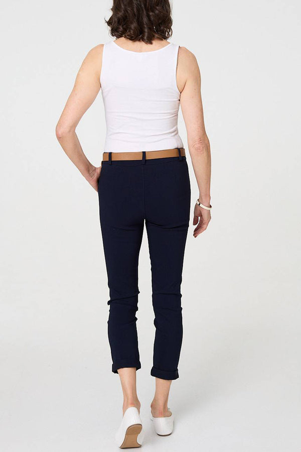 Removable Belt Slim Cropped Trousers| NAVY