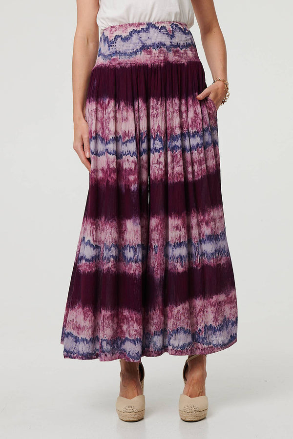 PURPLE | Tie Dye Print Shirred Wide Leg Trousers