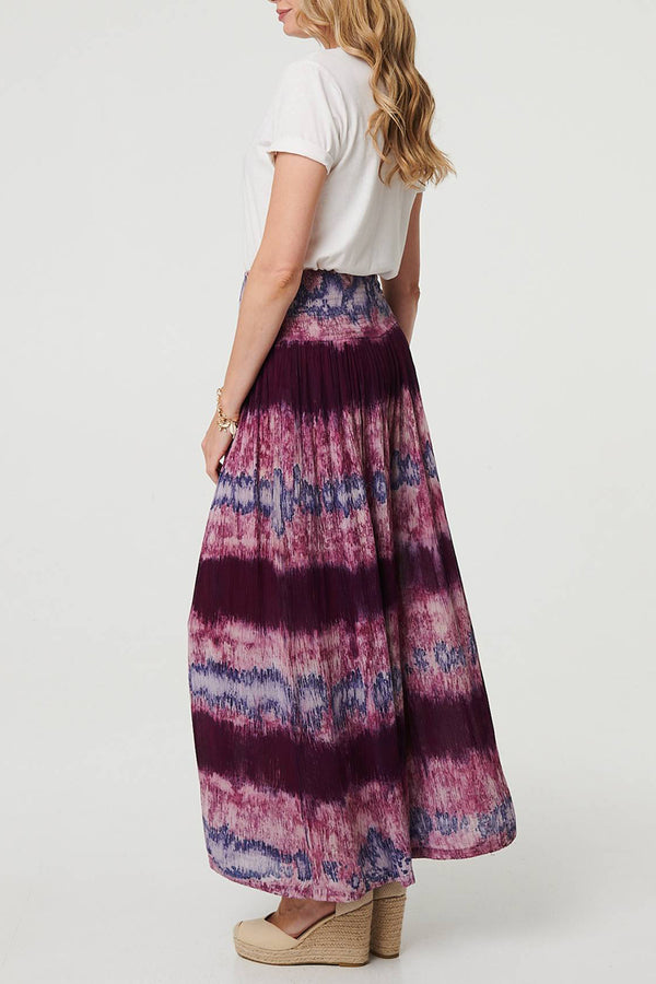 PURPLE | Tie Dye Print Shirred Wide Leg Trousers