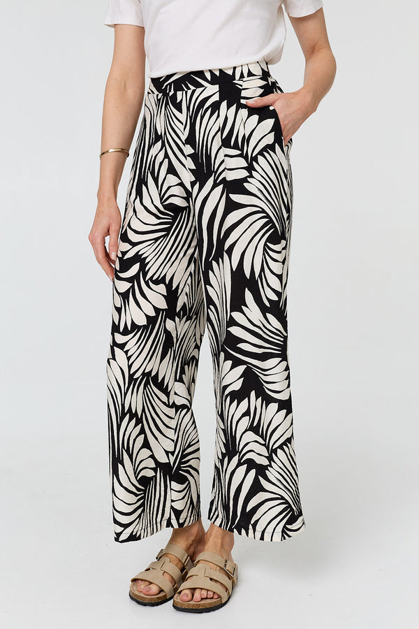 Abstract Wide Leg High Waist Trousers|  BLACK