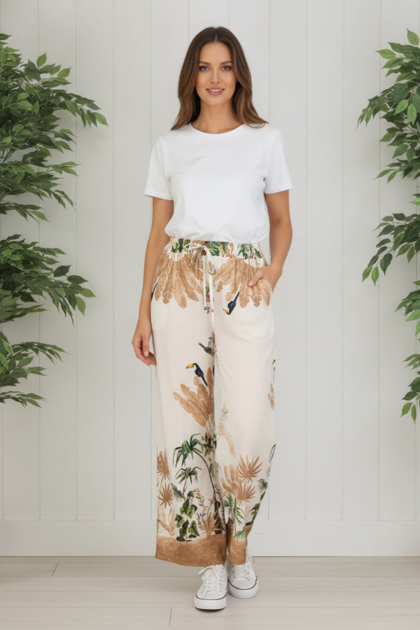 Tropical High Waist Wide Trousers| MULTI_BEIGE