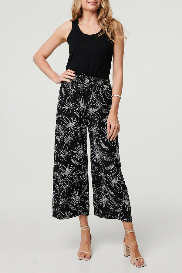 Floral Drawstring Waist Wide Trousers| BLACK