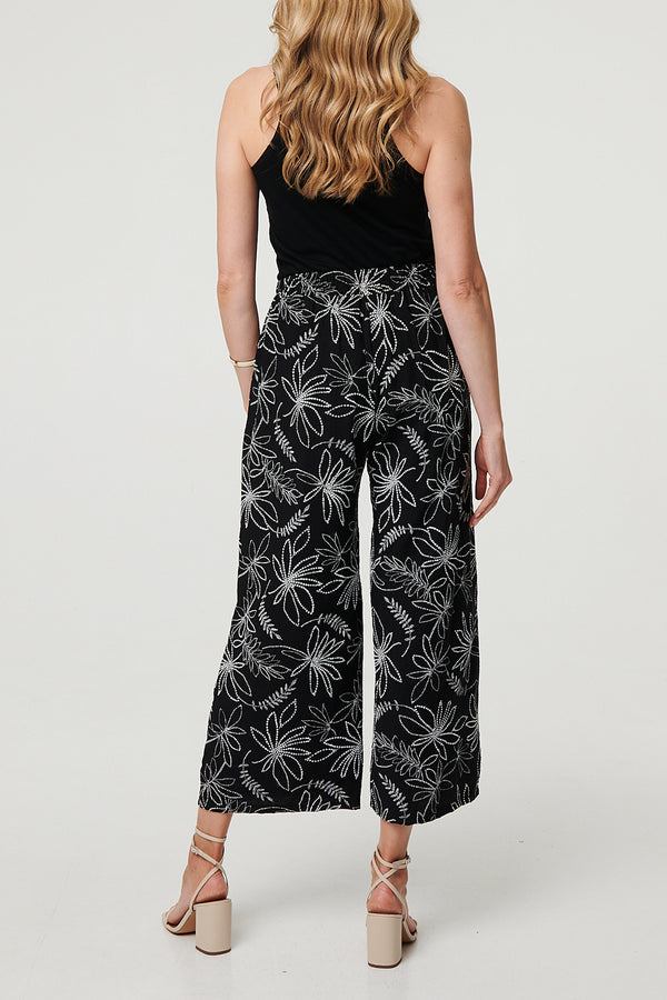 Floral Drawstring Waist Wide Trousers| BLACK