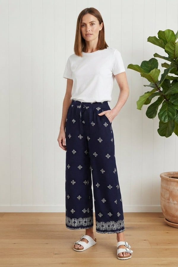 Printed High Waist Wide Trousers| NAVY