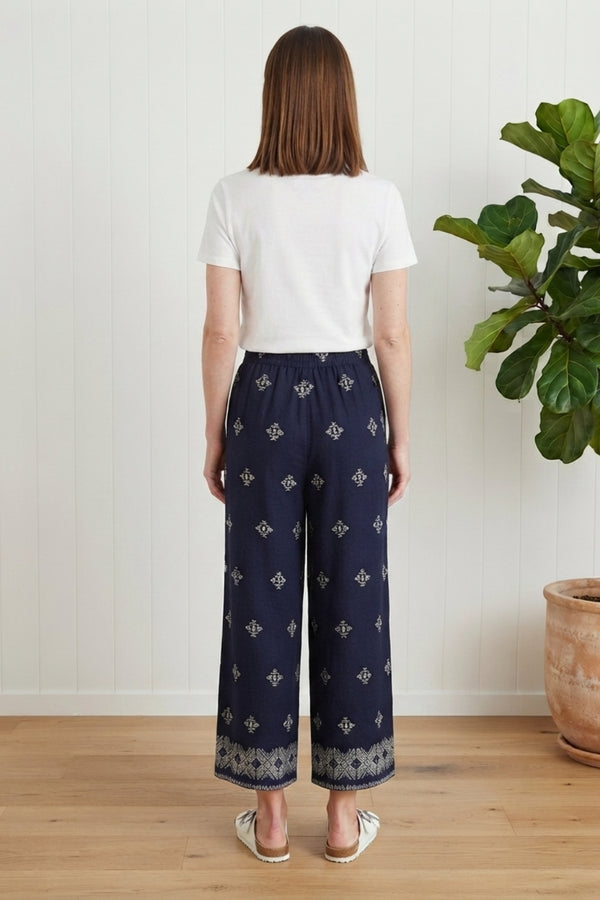 Printed High Waist Wide Trousers| NAVY