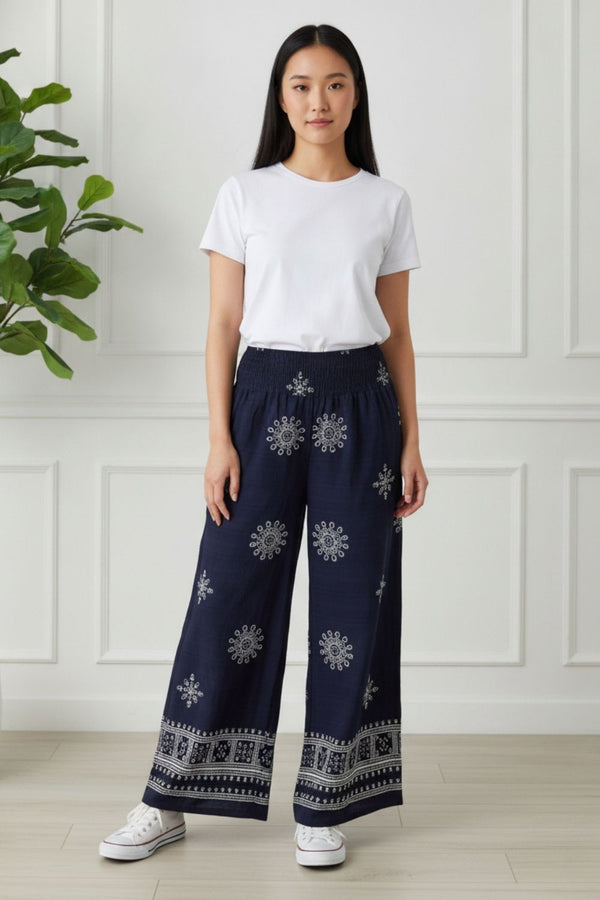Border Print Wide High Waist Trousers | NAVY