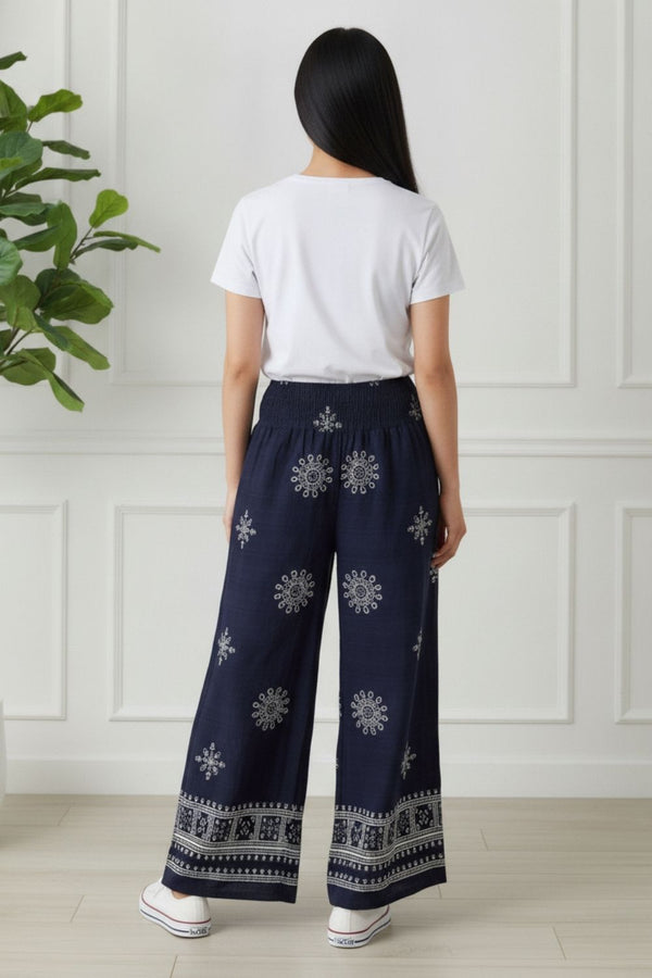 Border Print Wide High Waist Trousers | NAVY