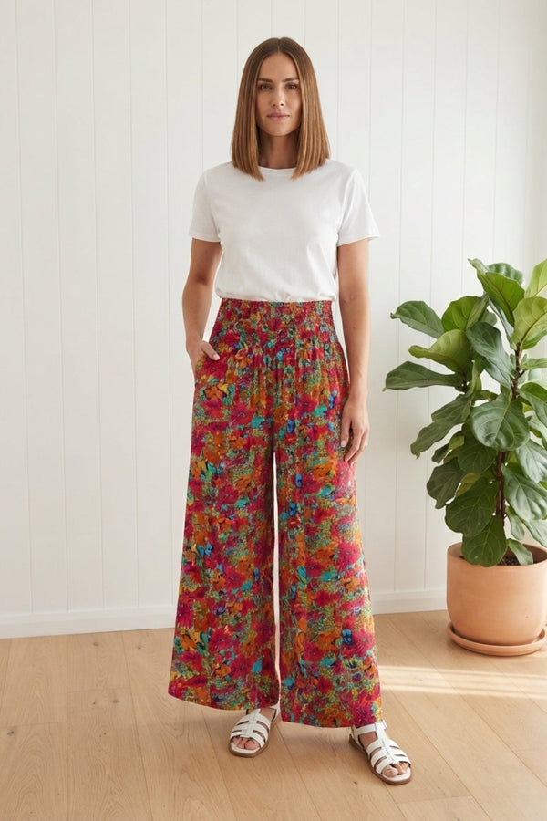 Floral Shirred High Waist Wide Trousers| RED