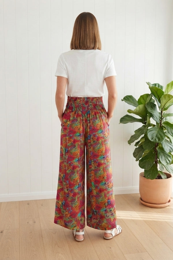 Floral Shirred High Waist Wide Trousers| RED