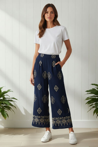 Border Print High Waist Wide Trousers | NAVY