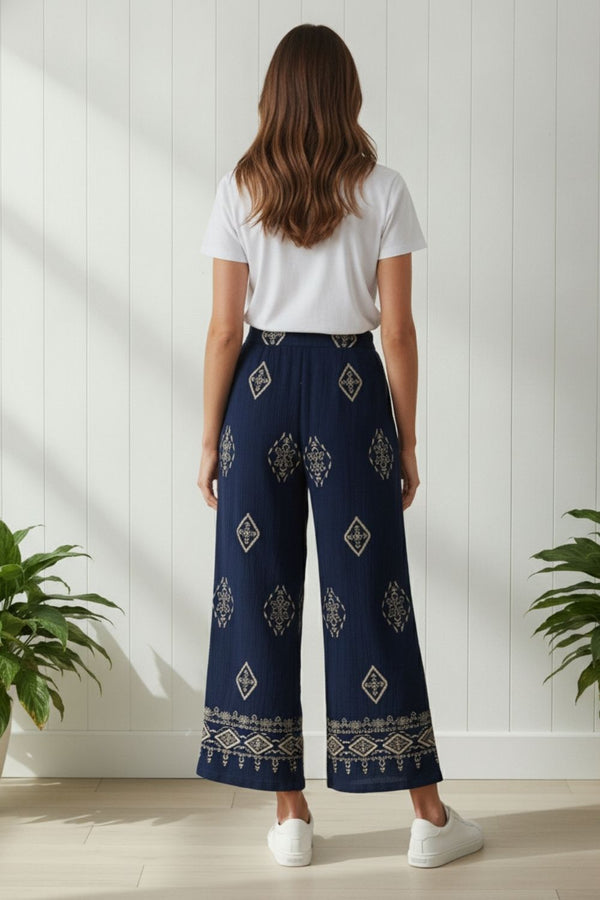 Border Print High Waist Wide Trousers | NAVY