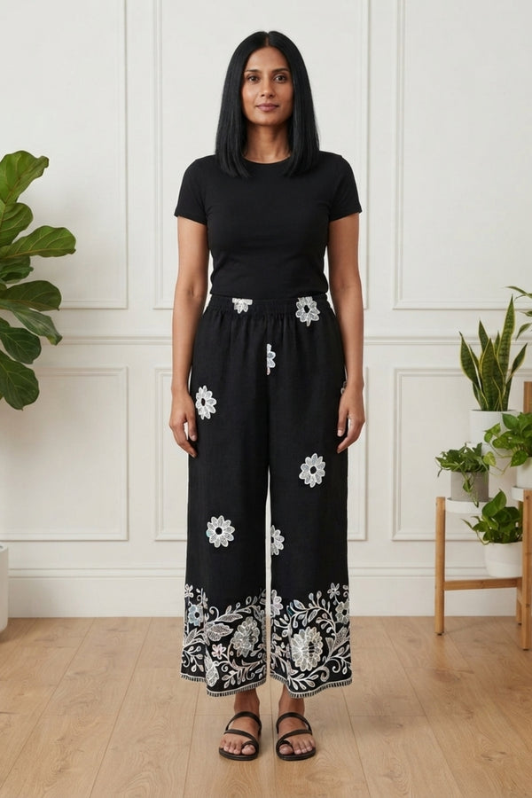 Floral Border High Waist Wide Trousers| BLACK
