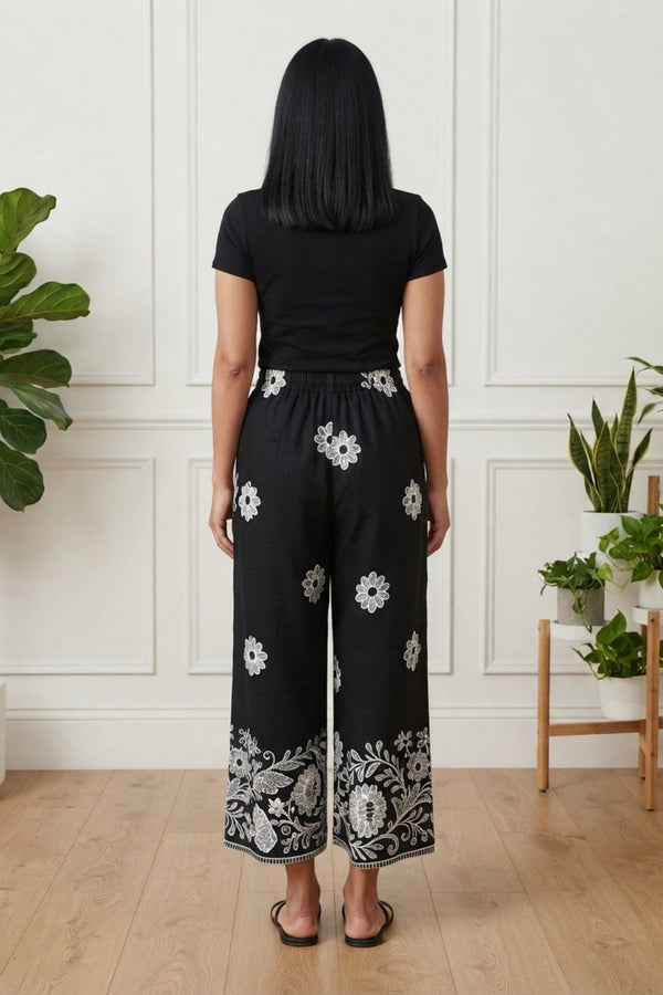 Floral Border High Waist Wide Trousers| BLACK