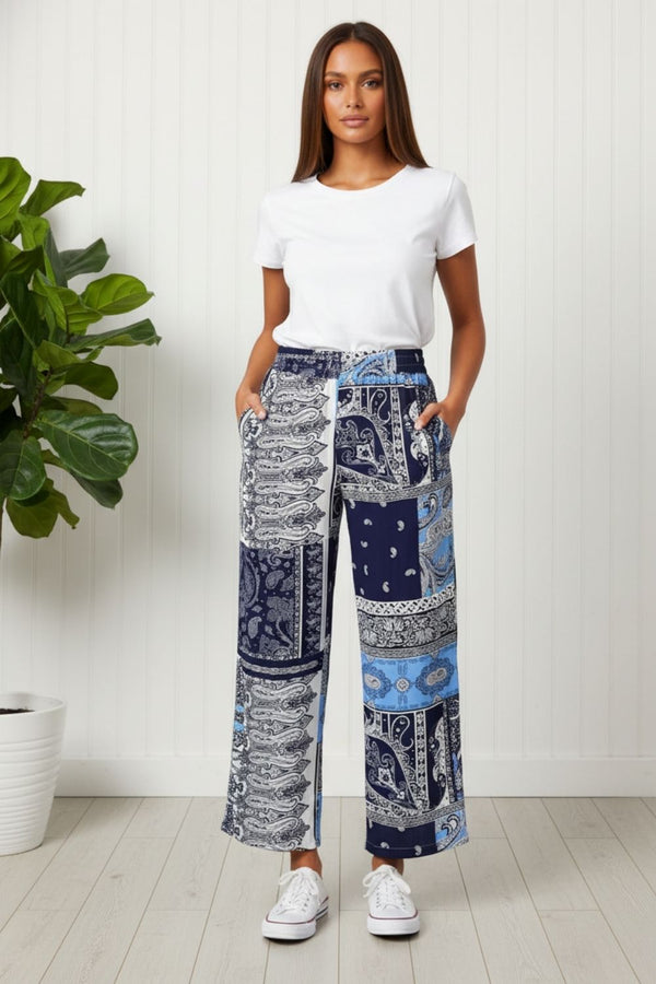 Patchwork Print High Waist Wide Trousers| NAVY