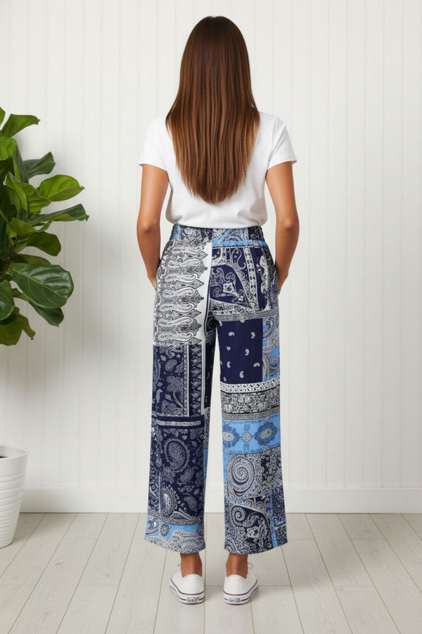 Patchwork Print High Waist Wide Trousers| NAVY