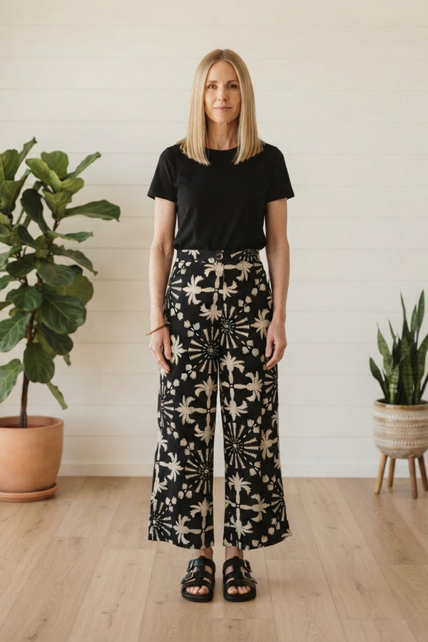 Tropical Print High Waist Trousers| BLACK