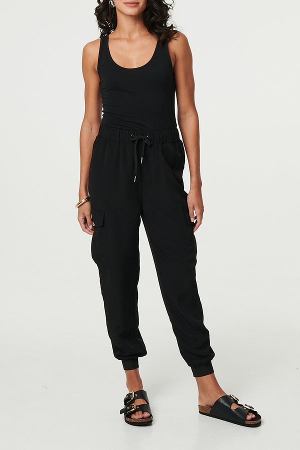 BLACK | Drawstring Tie Waist Slim Cargo Trousers