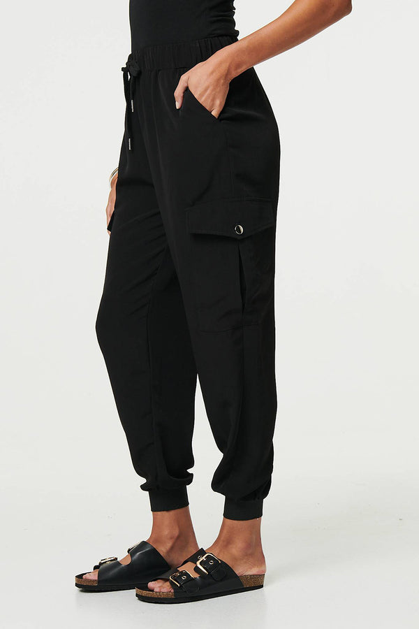 BLACK | Drawstring Tie Waist Slim Cargo Trousers
