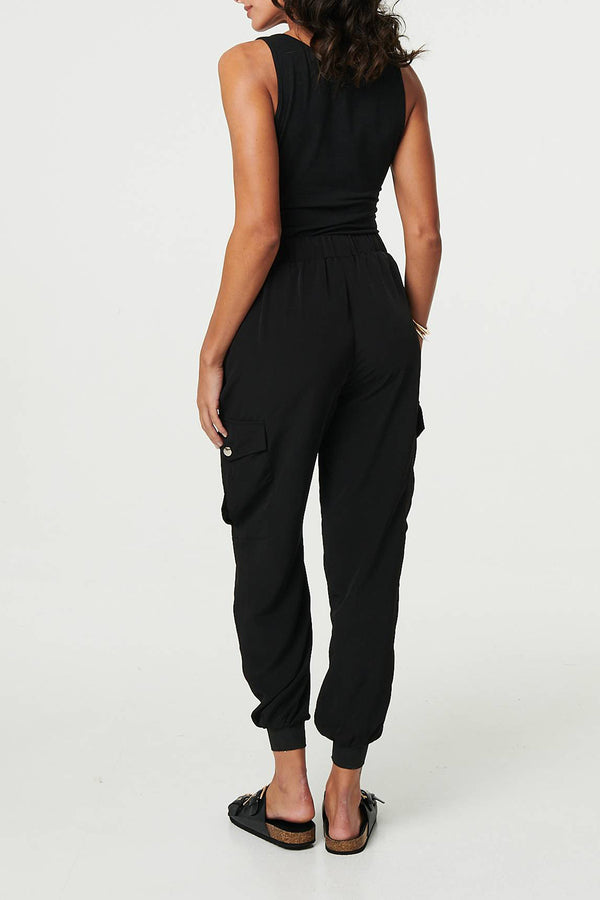 BLACK | Drawstring Tie Waist Slim Cargo Trousers