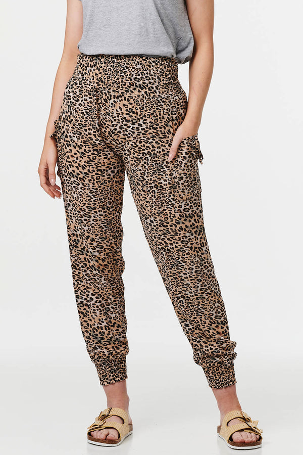 BEIGE | Animal Print Tassel Trim Harem Pants