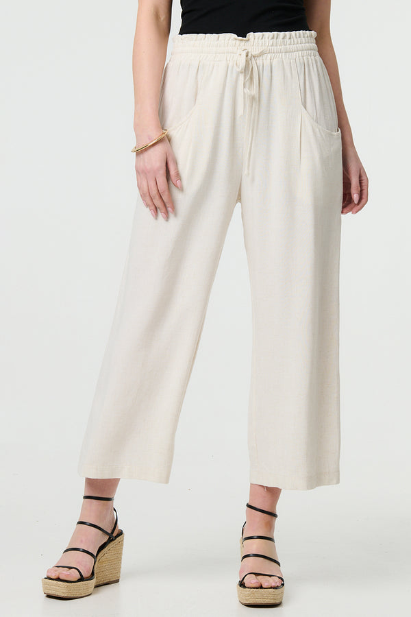 BEIGE | Elasticated High Waist Wide Leg Trousers