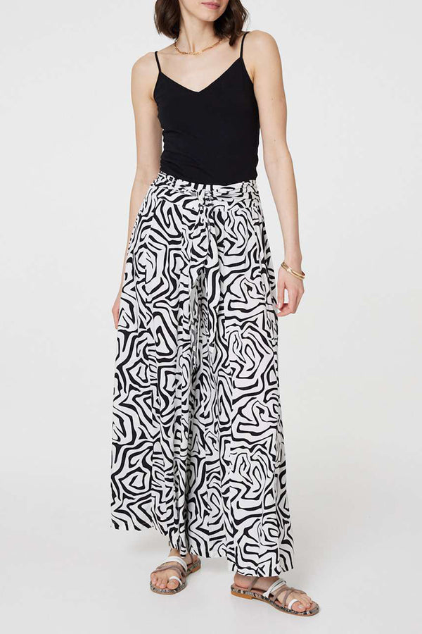BLACK AND WHITE | Printed Wide Leg Tie Waist Trousers