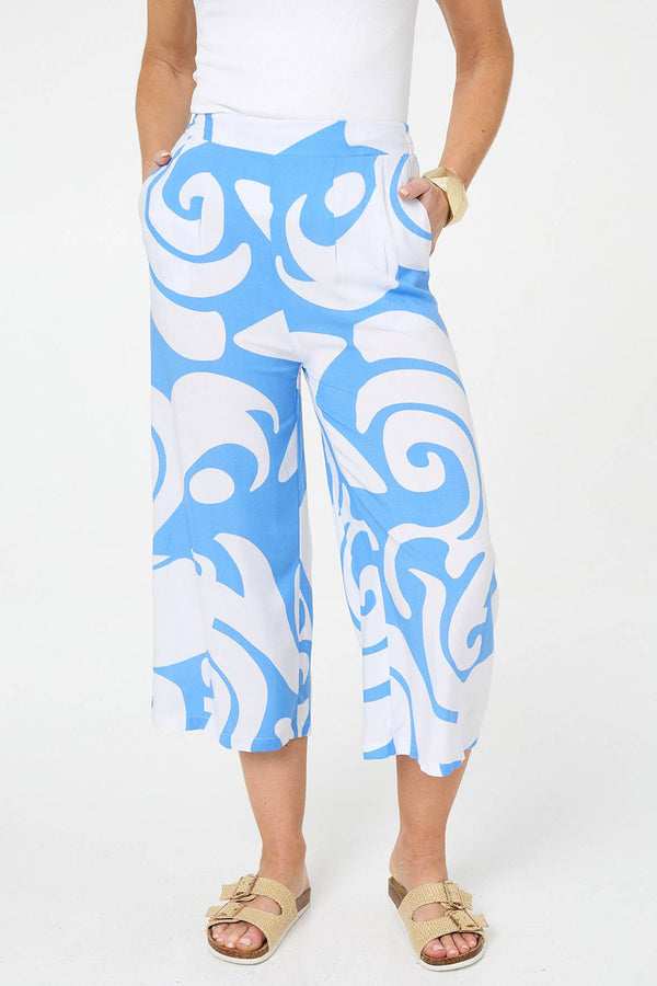 Abstract High Waist Crop Wide Trousers| BLUE