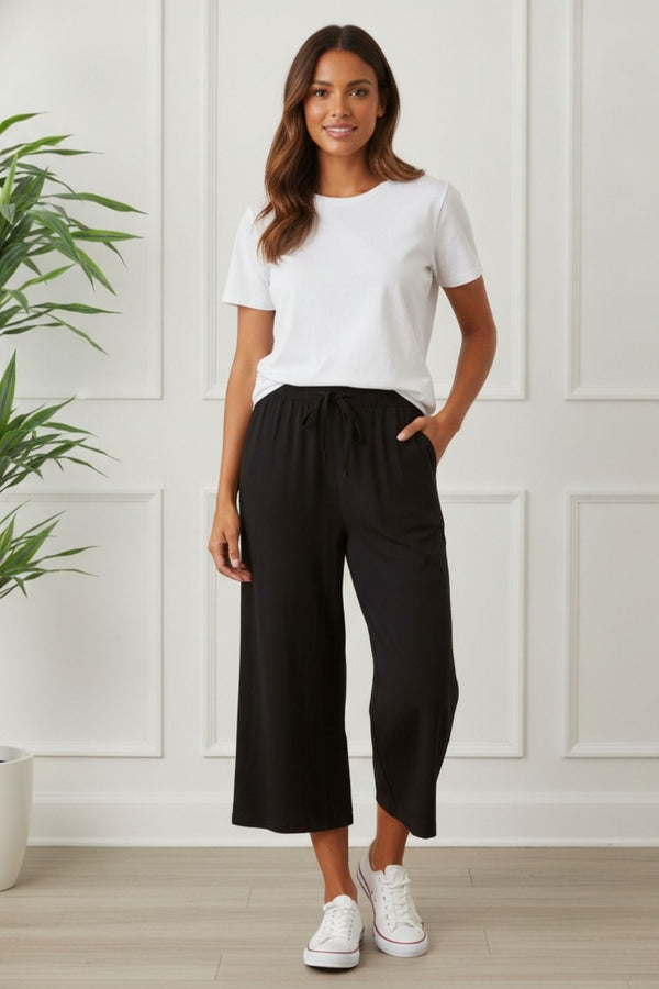 Tie Waist Relaxed Cropped Trousers | BLACK