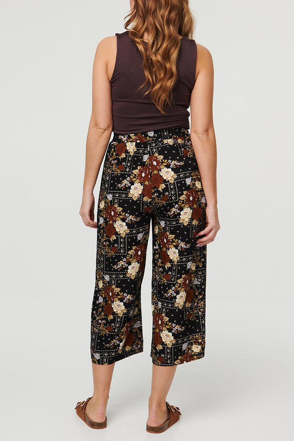 BLACK /Printed Tie Waist Cropped Wide Trousers