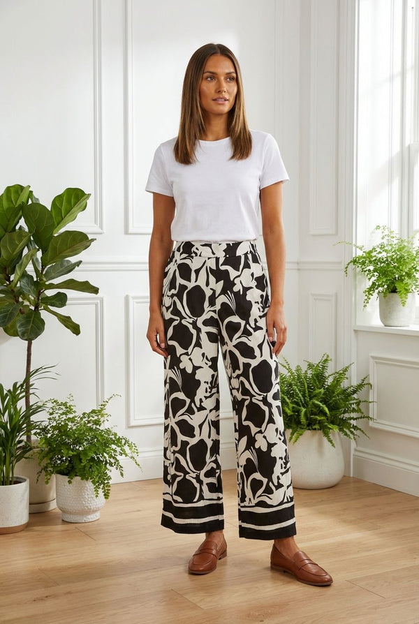 BLACKANDWHITE / Floral High Waist Wide Relaxed Trousers