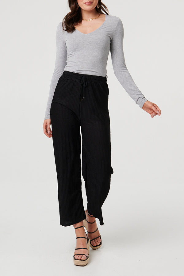BLACK / High Waist Pleated Texture Trousers