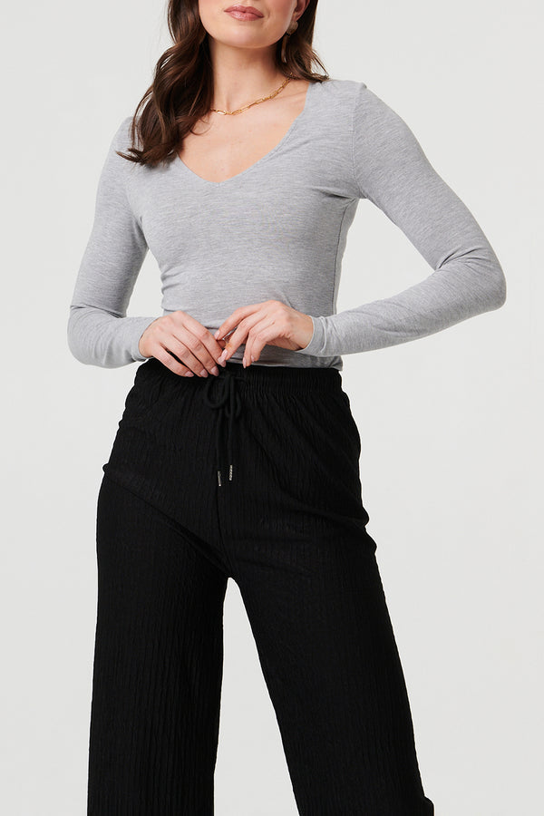 BLACK / High Waist Pleated Texture Trousers