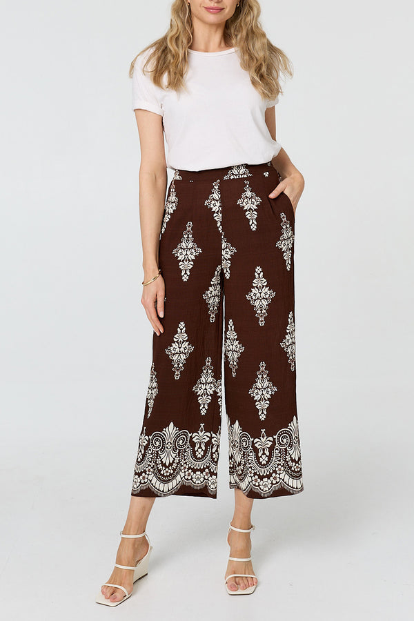 Printed High Waist Wide Cropped Trousers| BROWN
