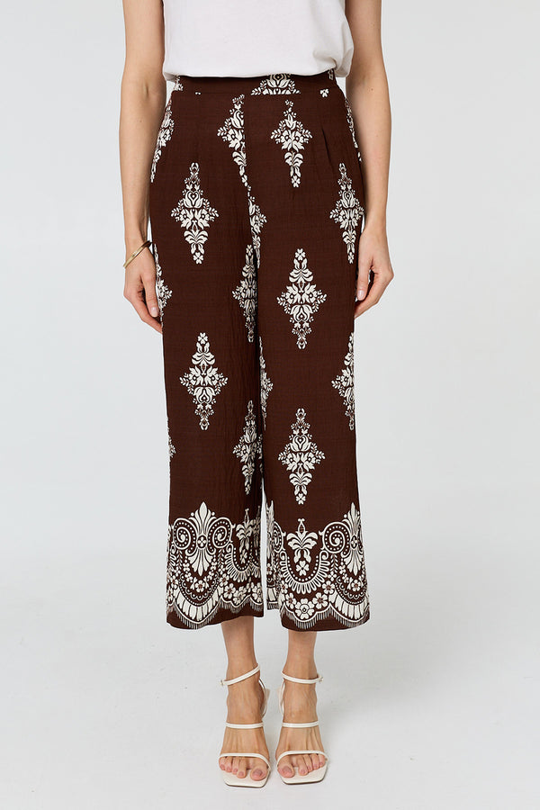 Printed High Waist Wide Cropped Trousers| BROWN