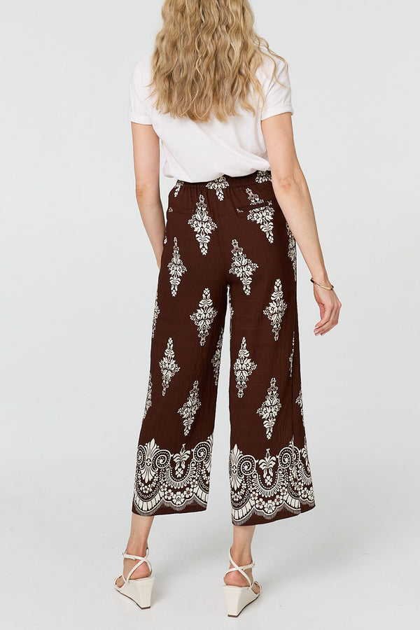 Printed High Waist Wide Cropped Trousers| BROWN