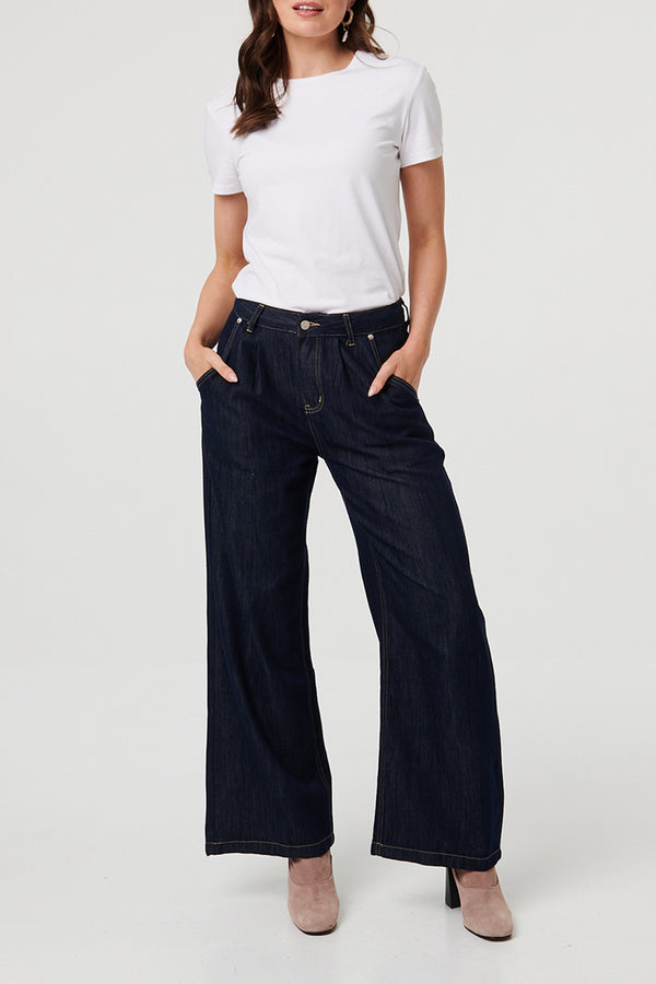 _BLACK / High Waist Pleat Front Wide Jeans