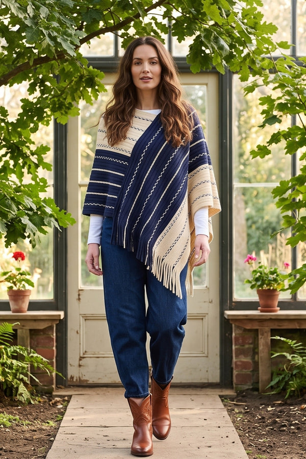 MULTIBLUE | Striped Oversized Tassel Fringe Poncho