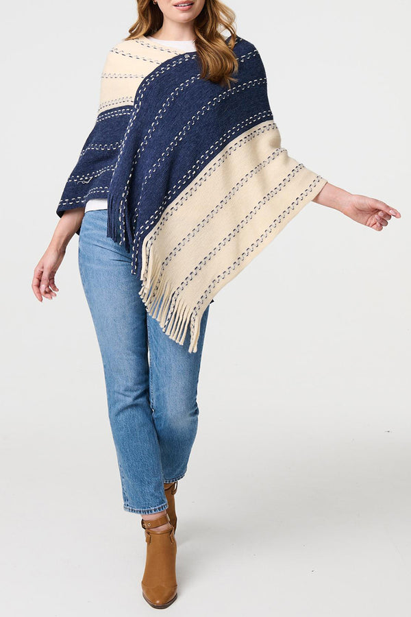 MULTIBLUE | Striped Oversized Tassel Fringe Poncho