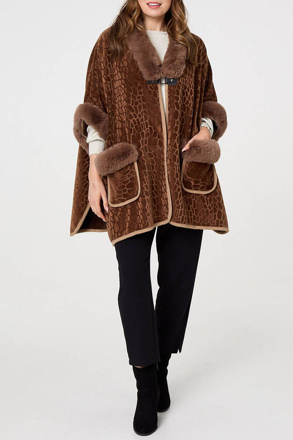 BROWN | Animal Print Faux Fur Trim Cape Coat