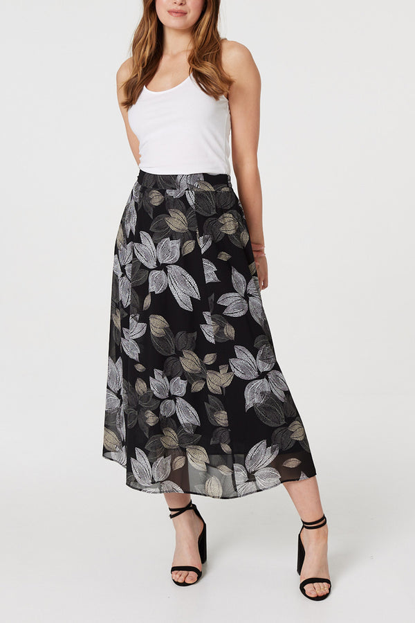 MULTI BLACK | Leaf Print High Waist Midi Skirt
