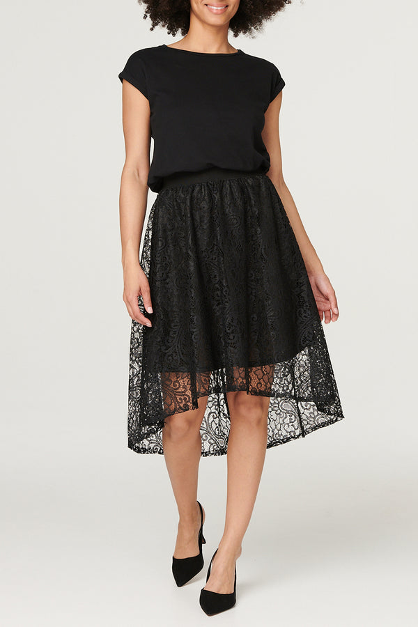 BLACK | Lace Overlay High Low Midi Skirt