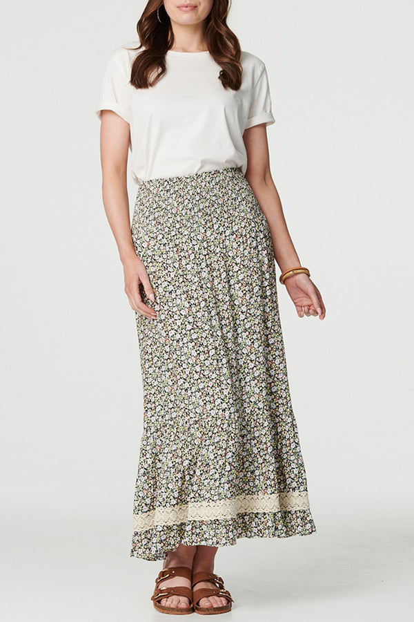MULTI GREEN | Ditsy Floral Lace Trim Maxi Skirt