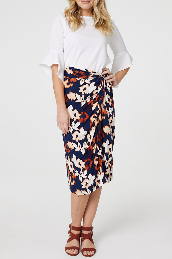 MULTI NAVY | Floral Ruched Front Midi Skirt