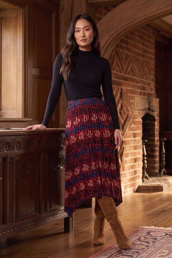 MULTI RED | Printed Pleat Hanky Hem Maxi Skirt
