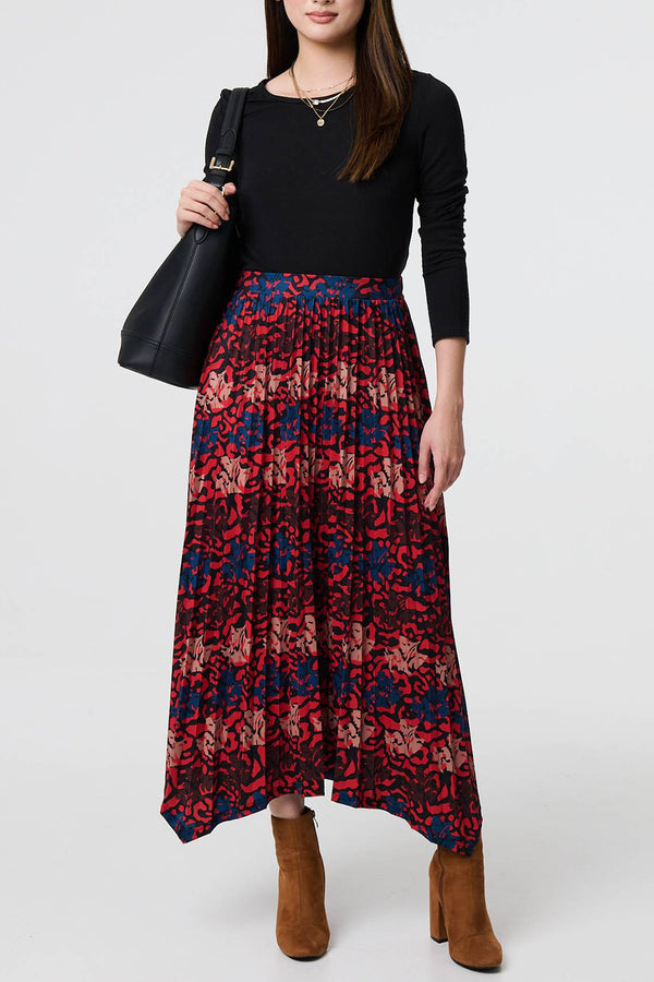 MULTI RED | Printed Pleat Hanky Hem Maxi Skirt