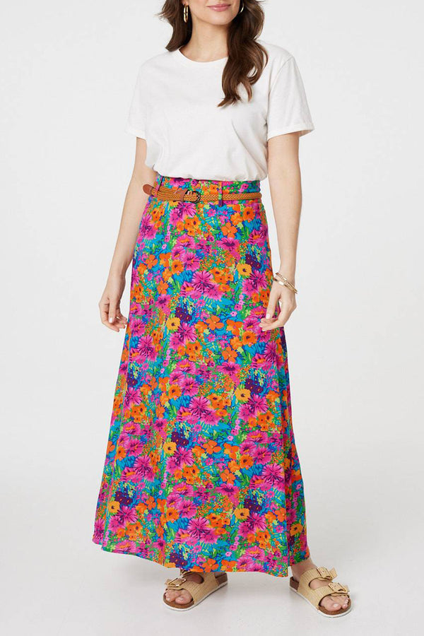 MULTI PINK | Floral High Waist Belt Detail Maxi Skirt