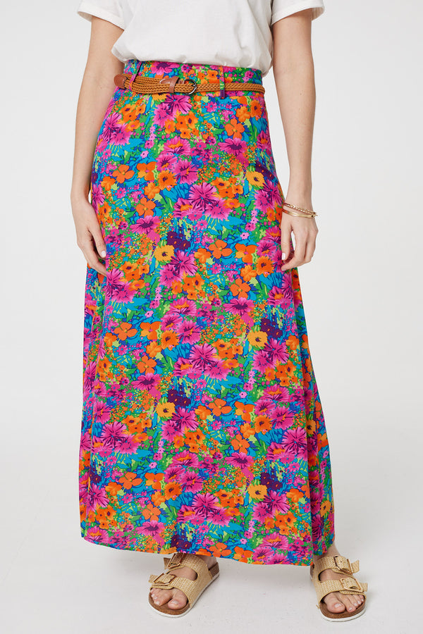 MULTI PINK | Floral High Waist Belt Detail Maxi Skirt